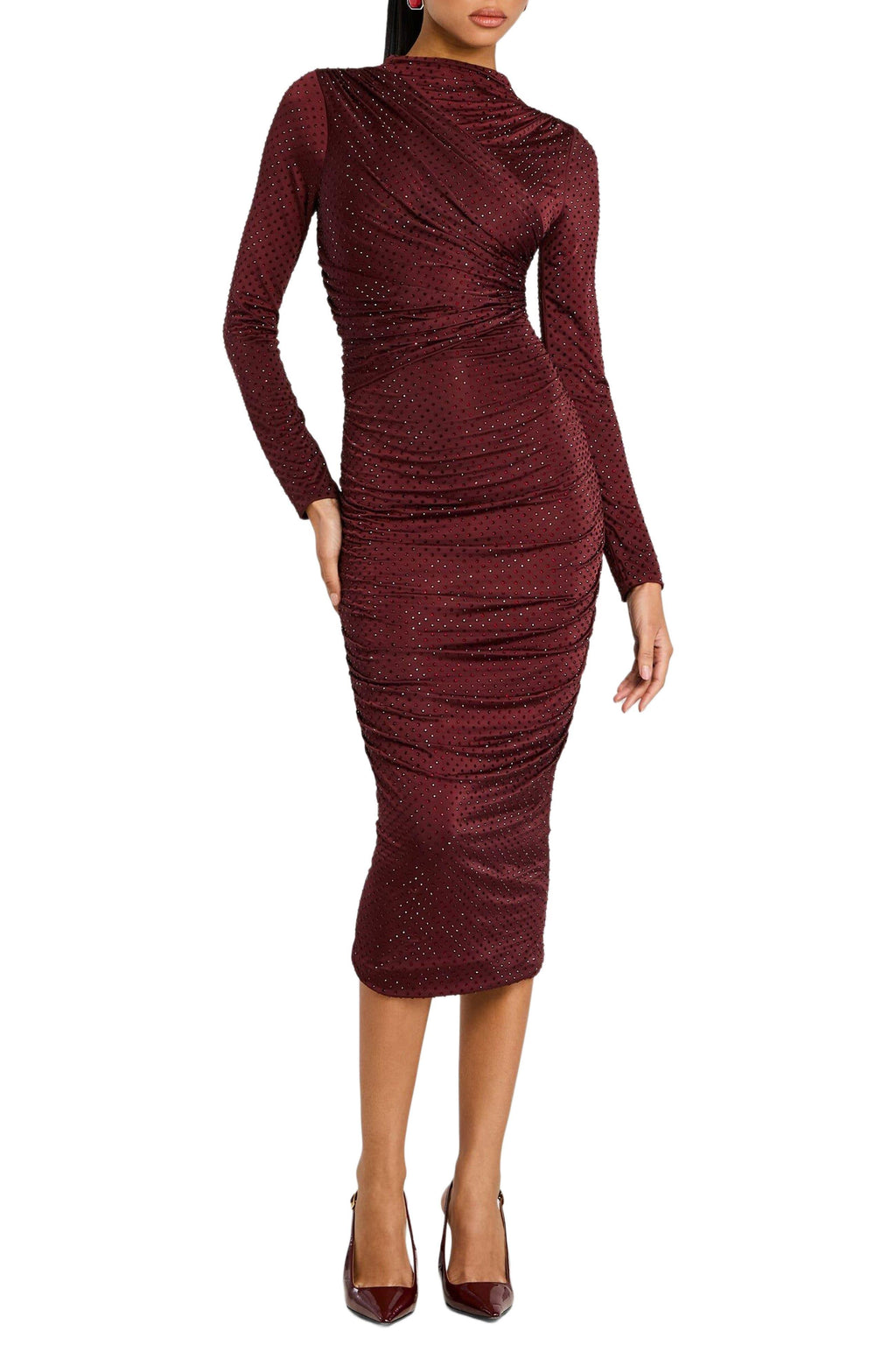 Rhinestone Long Sleeve Ruched Midi Dress