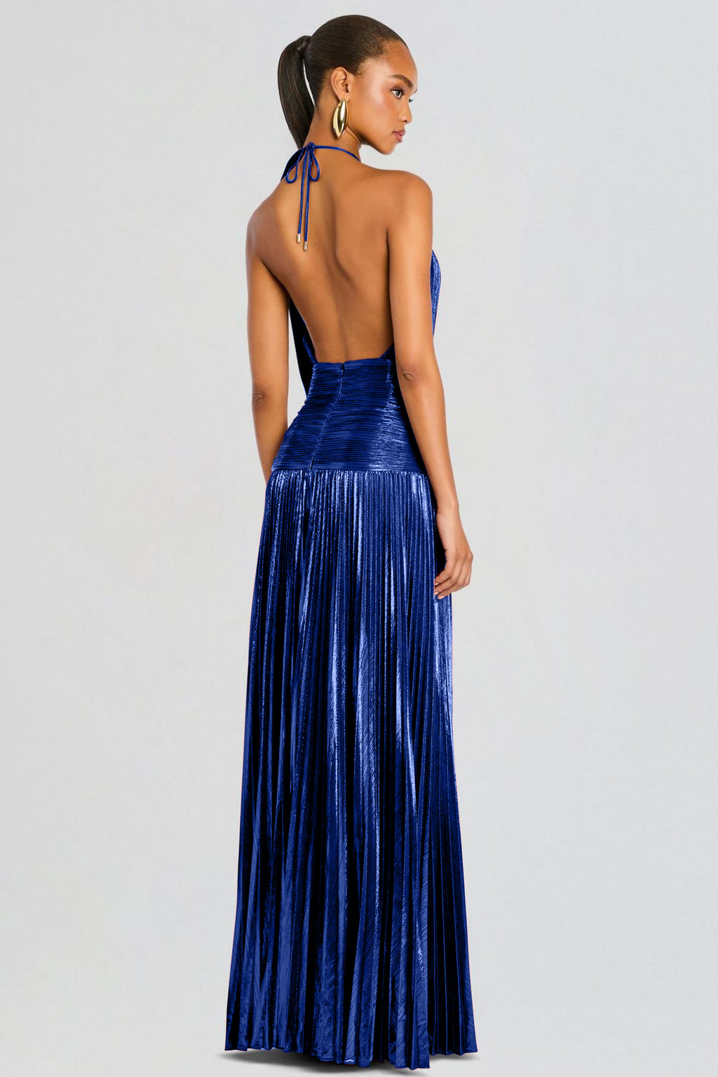 Metallic Fabric Pleated Halter Neck Maxi Dress