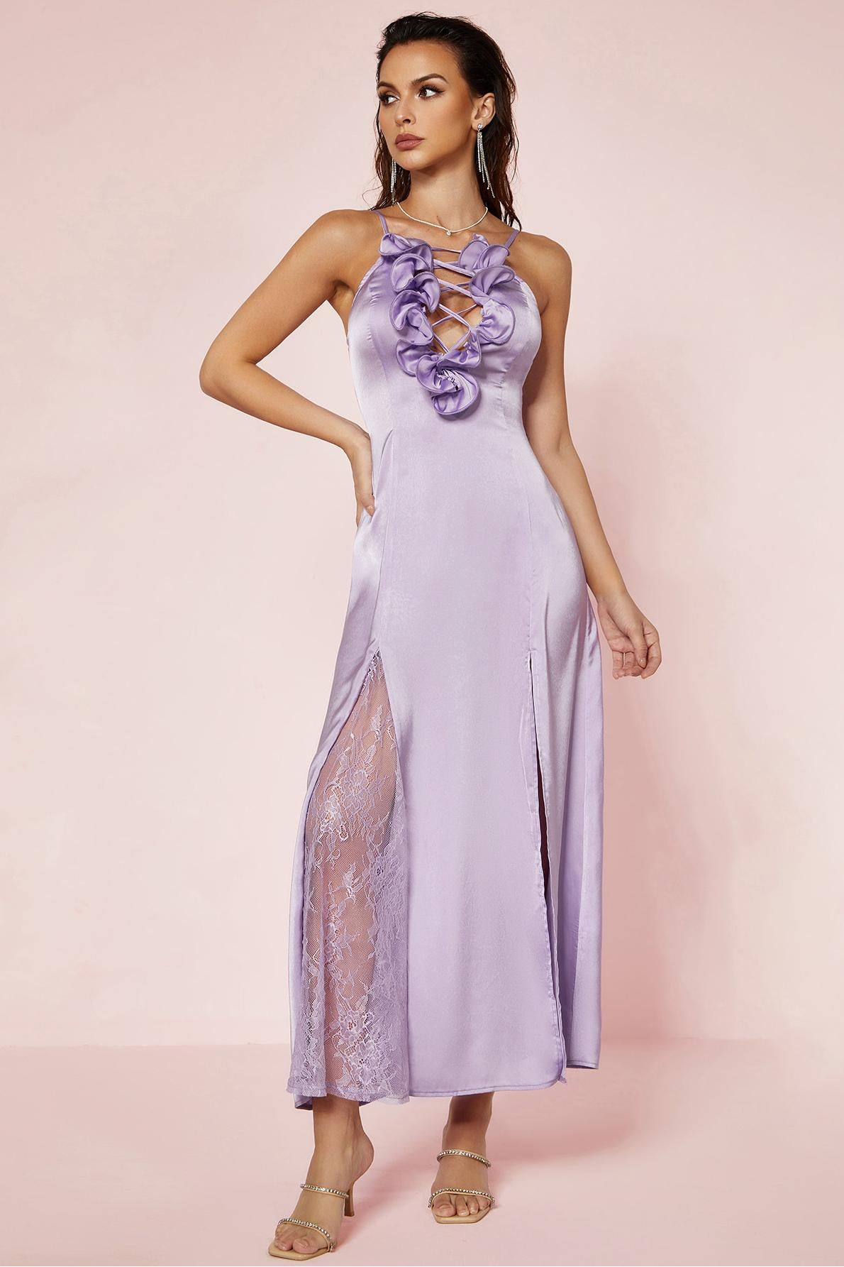 Satin Splicing Lace 3D Flower Backless Midi Dress