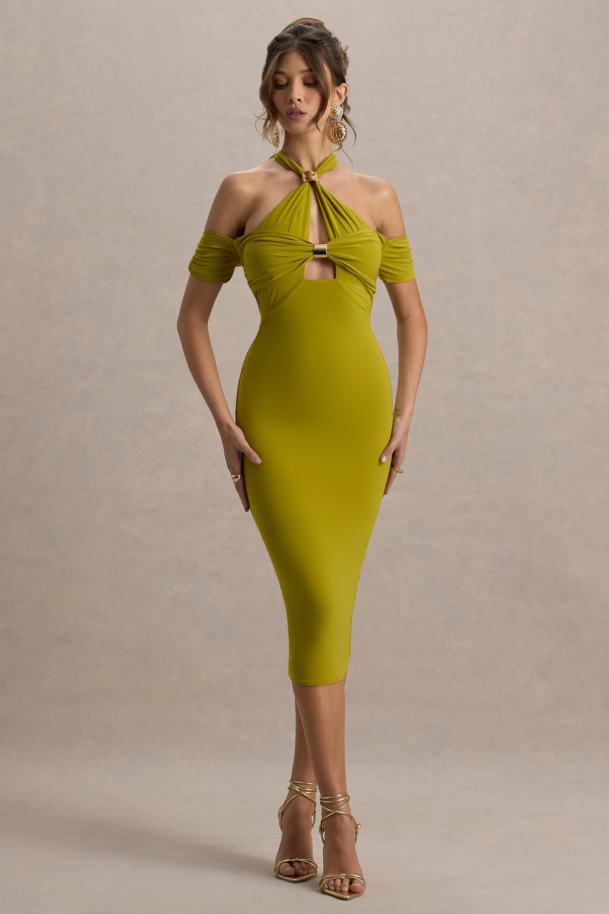 Solid Halter Neck Metal Buttom Midi Dress