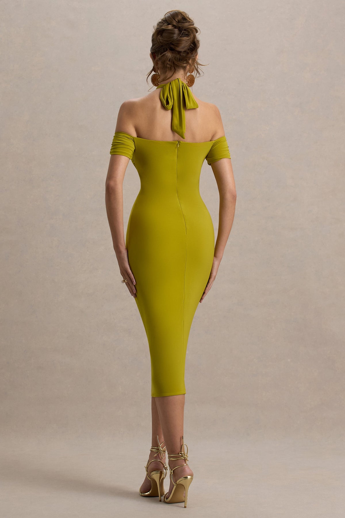 Solid Halter Neck Metal Buttom Midi Dress