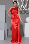 3D Flower Satin One Shoulder Maxi Dress