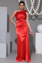 3D Flower Satin One Shoulder Maxi Dress