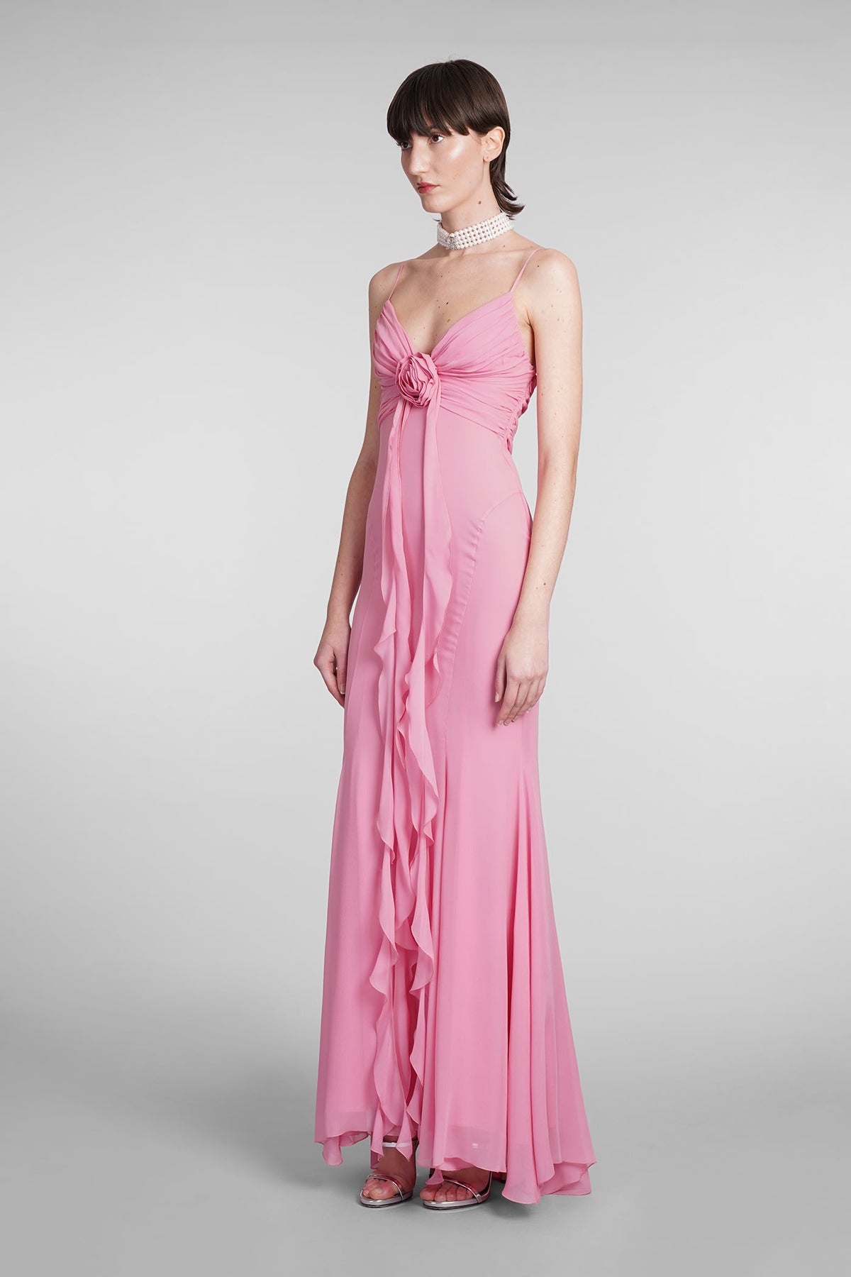 3D Flower Chiffon Frill Maxi Dress