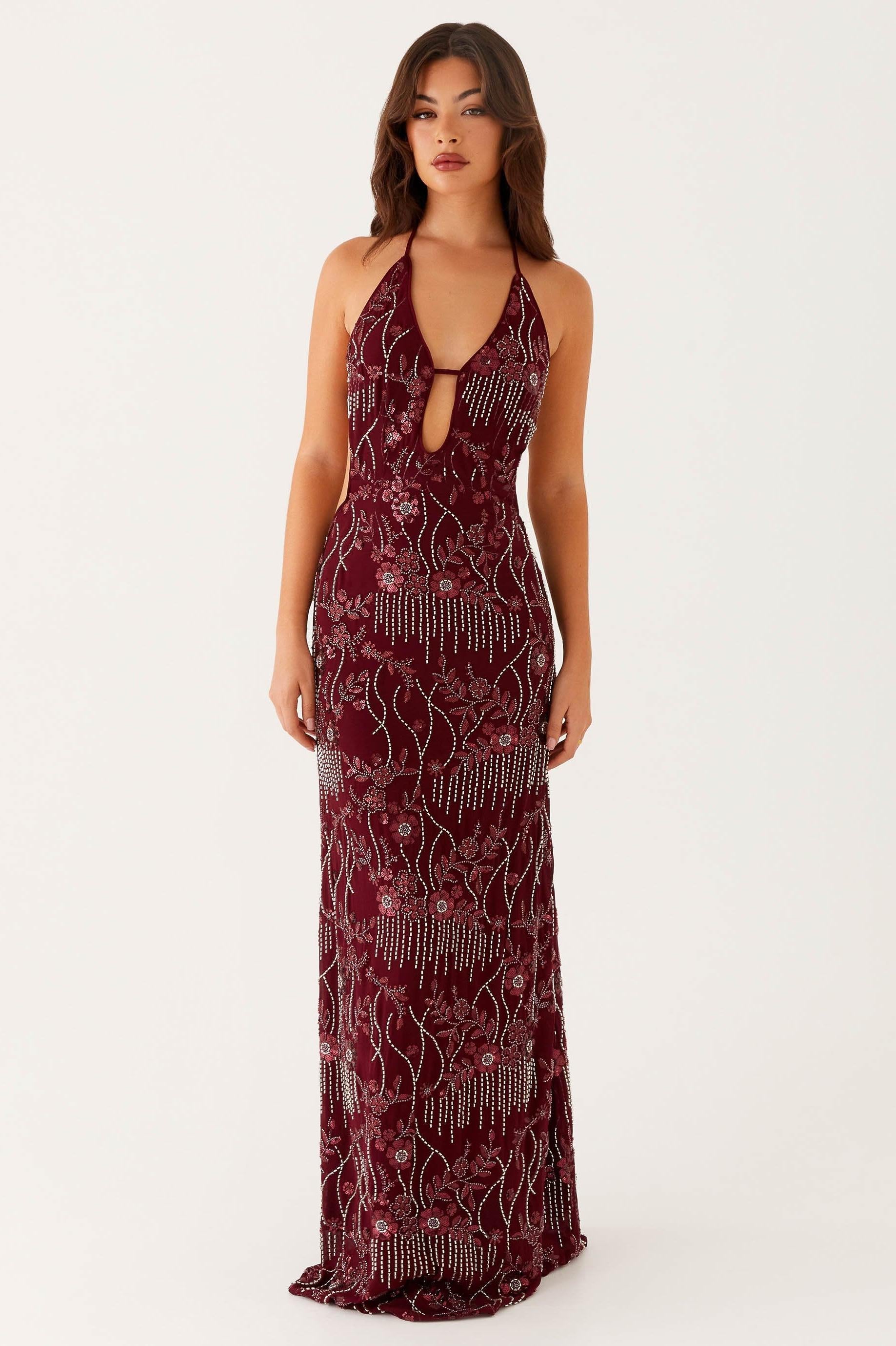 Sequin Backless Lace-Up Maxi Dress