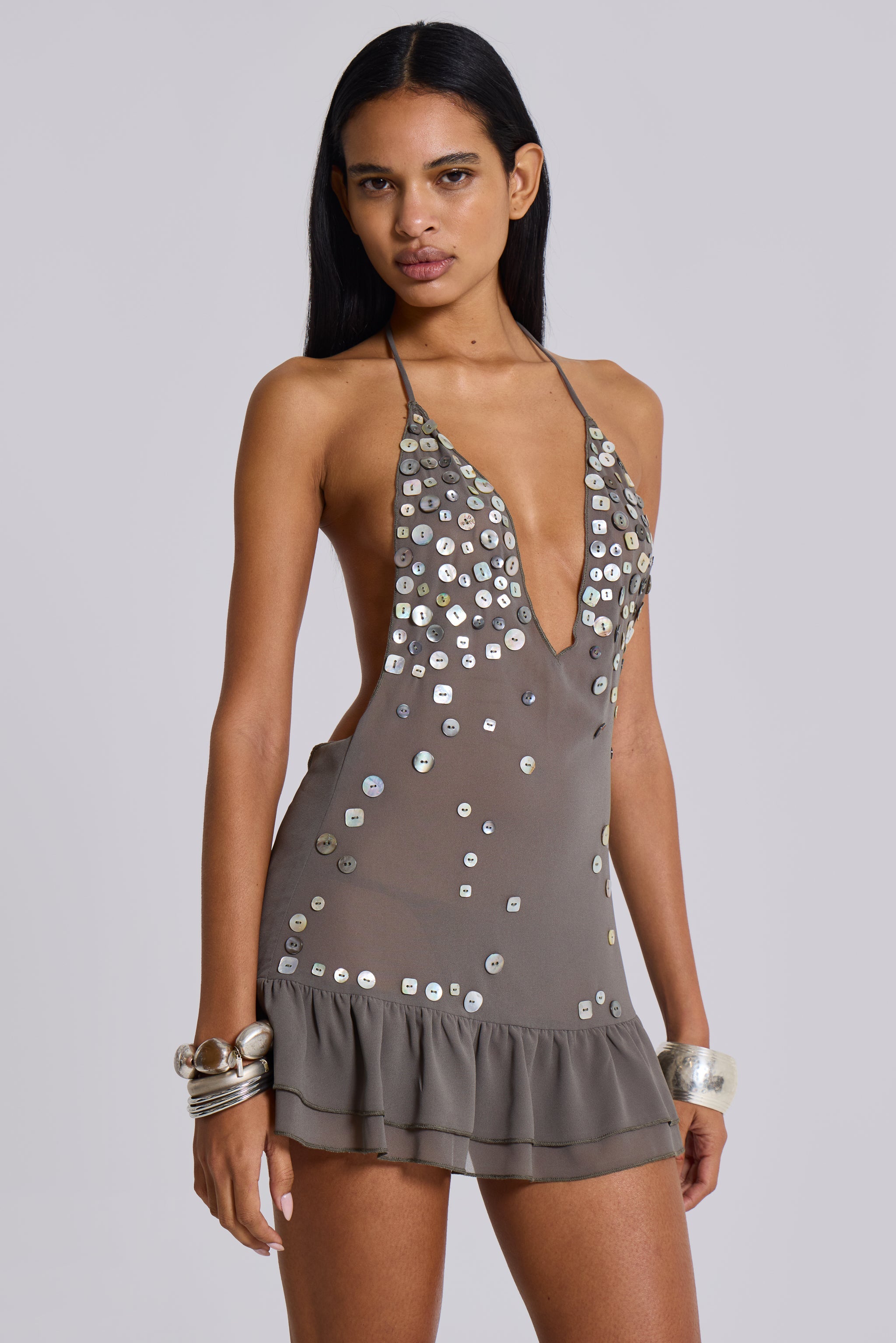 Button Lace-Up Chiffon Mini Dress