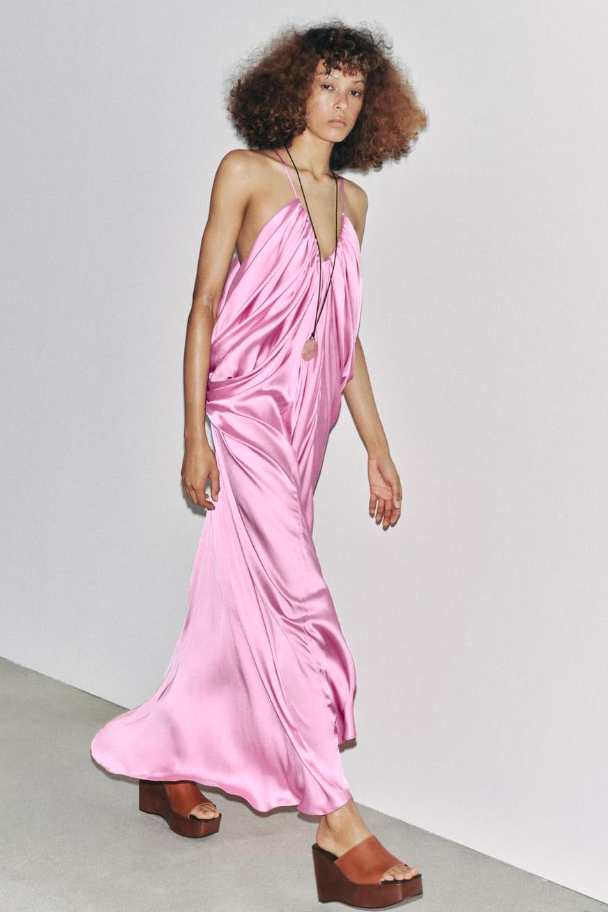 Satin V-Neck Gathering Maxi Dress