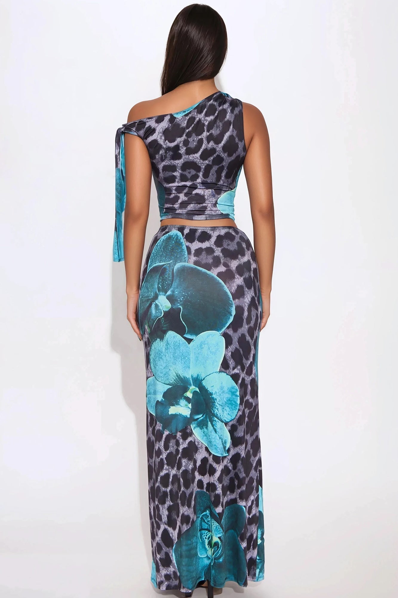 Leopard Print Skew Collar Top & Low Waist Maxi Skirt Set