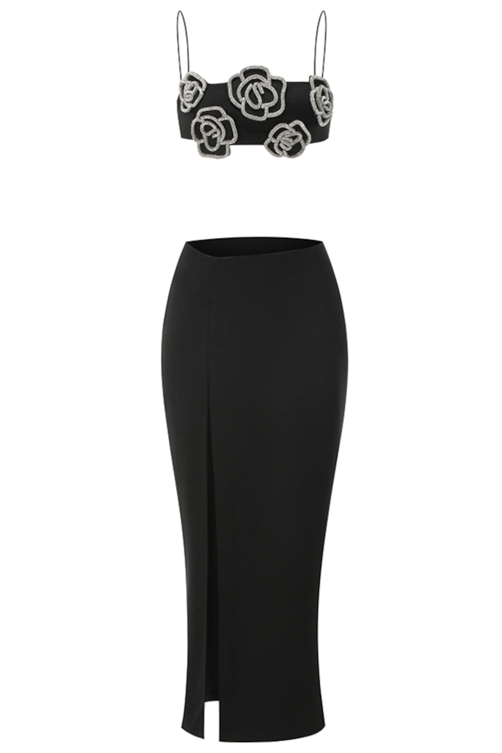 Rhinestone Floral Sleeveless Top & Low Waist Maxi Slit Skirt Set