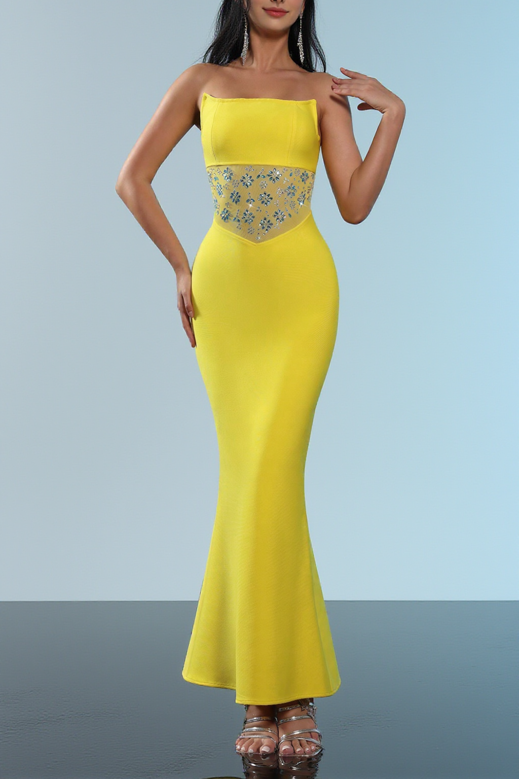 Bandage Rhinestone Off-Shoulder Midi Dress