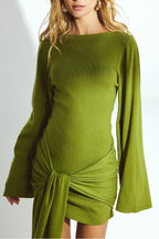 Solid Tie-Up Long Sleeve Mini Dress
