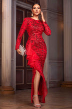 Sequin Ruffle Slit Maxi Dress