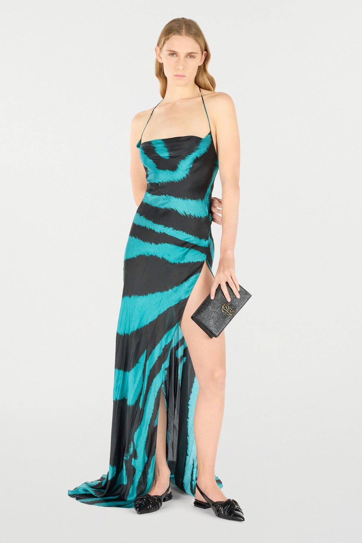 Zebra Print Lace-Up Slit Midi Dress