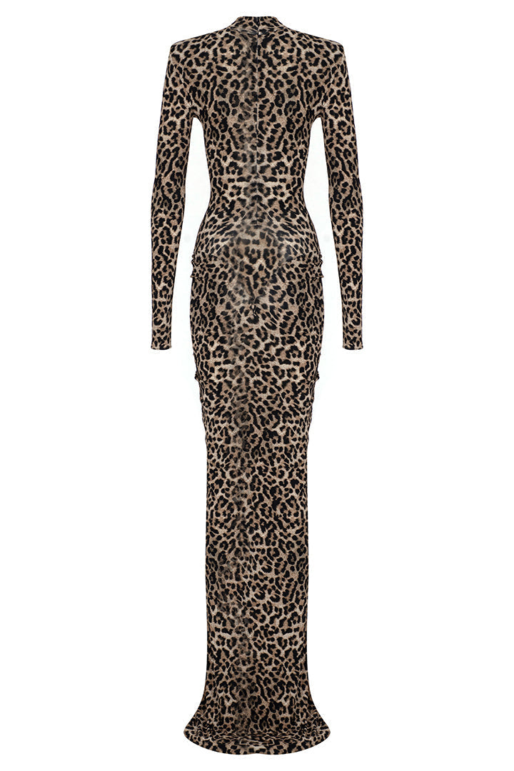 Animal Print Long Sleeve Gathering Maxi Dress