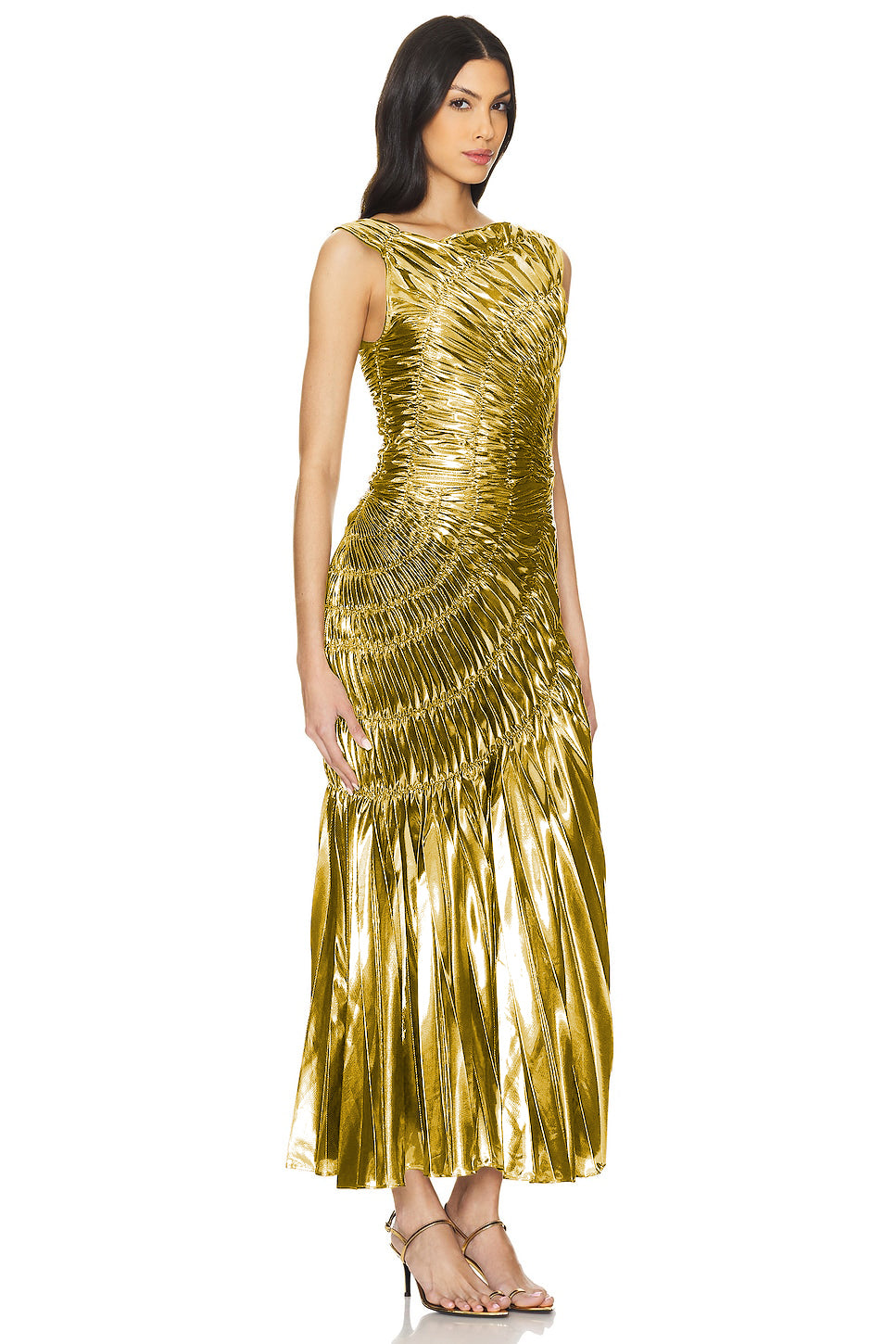 Metallic Fabric Gathering Sleeveless Maxi Dress