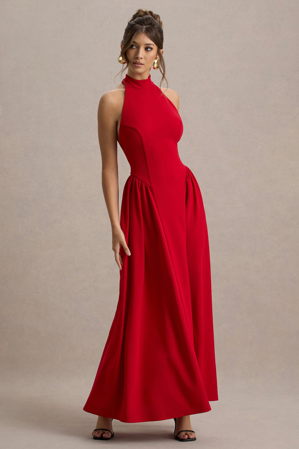 Solid Halter Neck Gathering Midi Dress