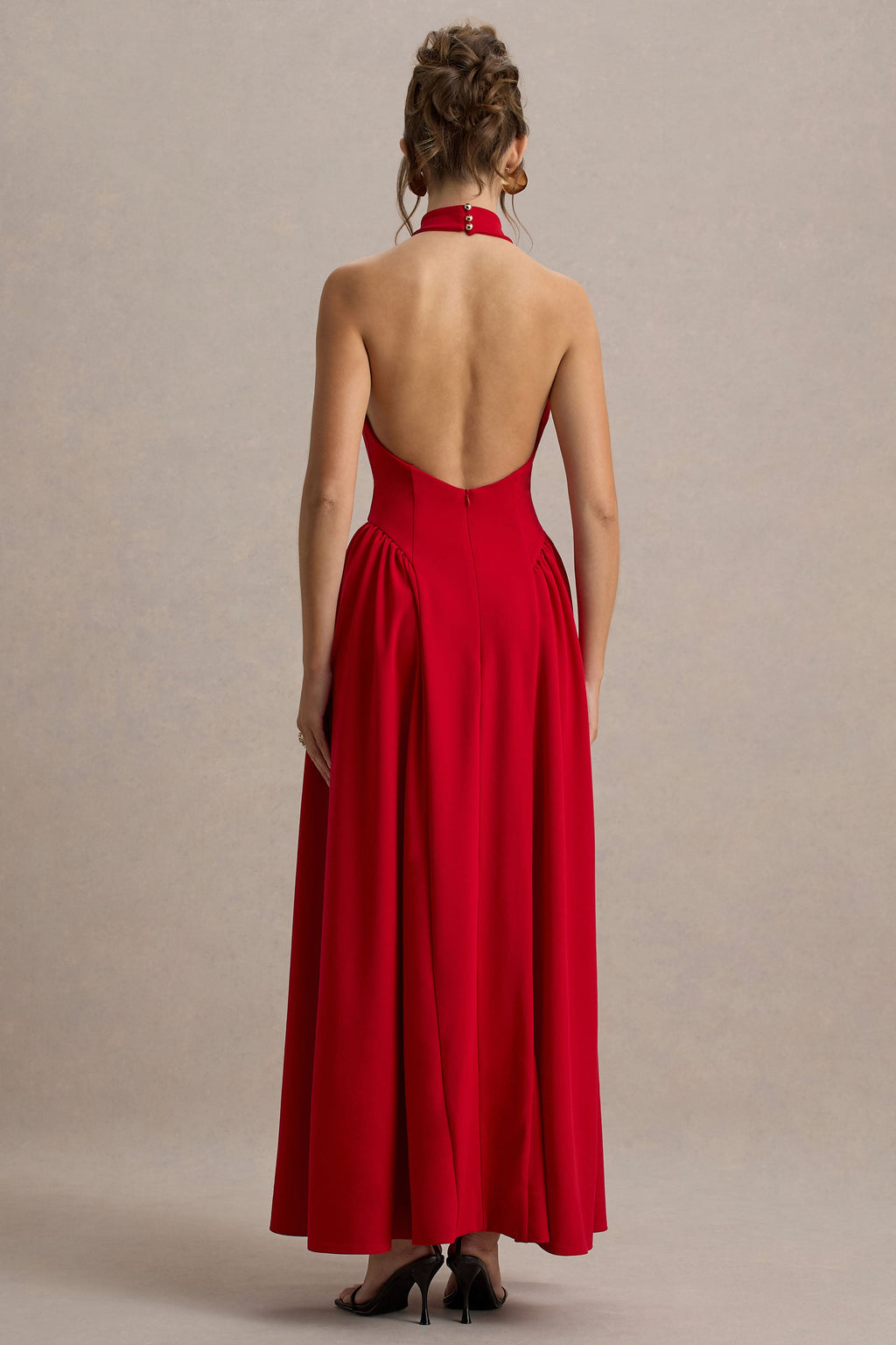 Solid Halter Neck Gathering Midi Dress