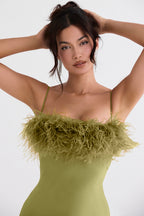 Satin Slip Ostrich Feather Maxi Dress