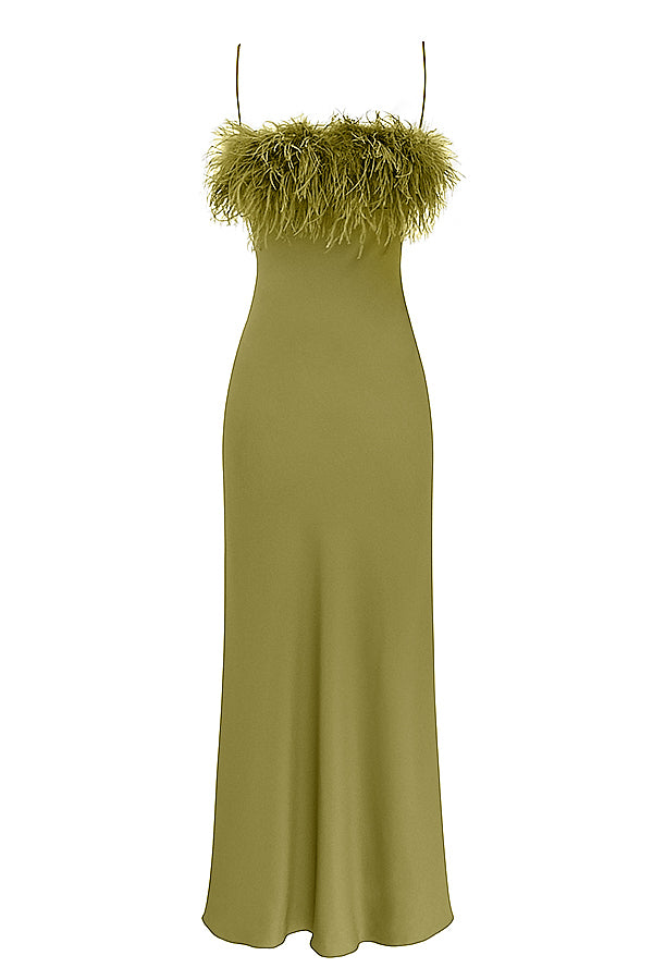 Satin Slip Ostrich Feather Maxi Dress