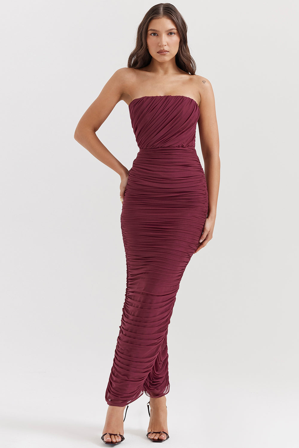 Mesh Ruched Corset Slit Midi Dress