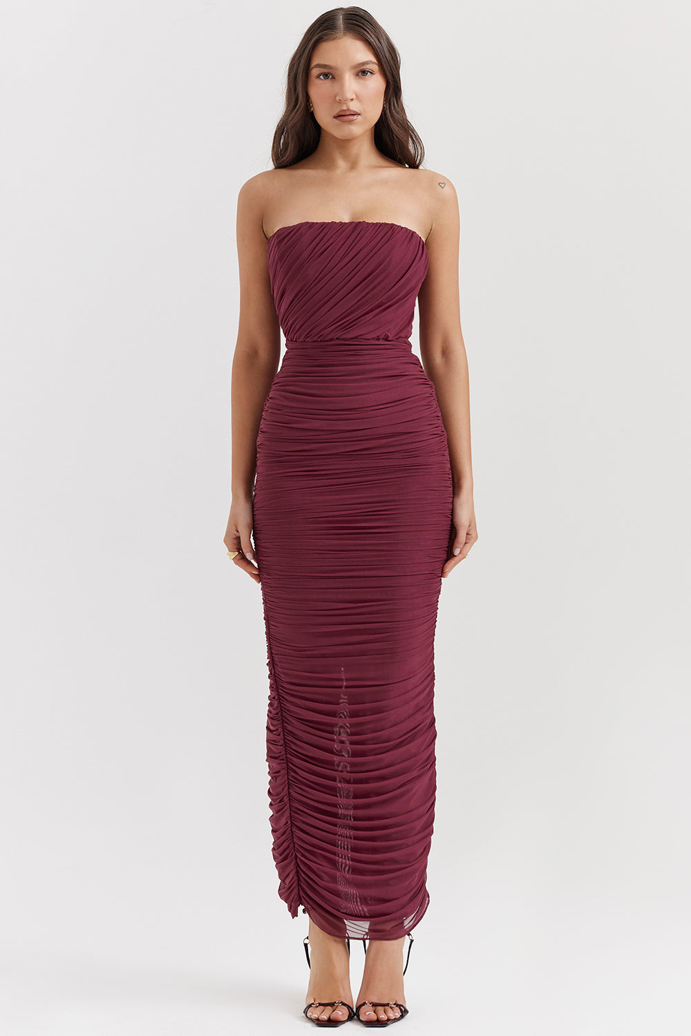 Mesh Ruched Corset Slit Midi Dress