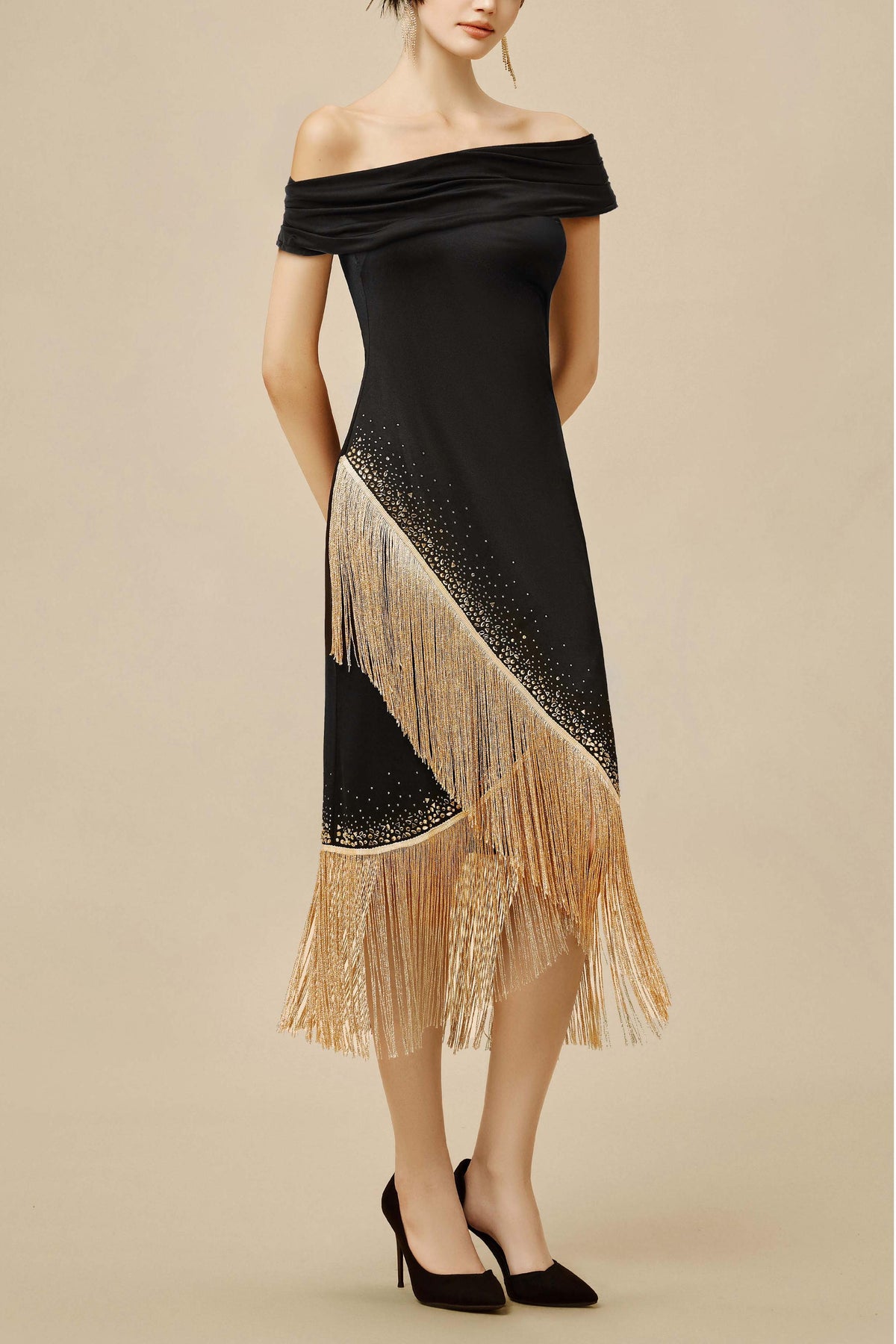 Bandage Splicing Tassel Rivet Midi Dress