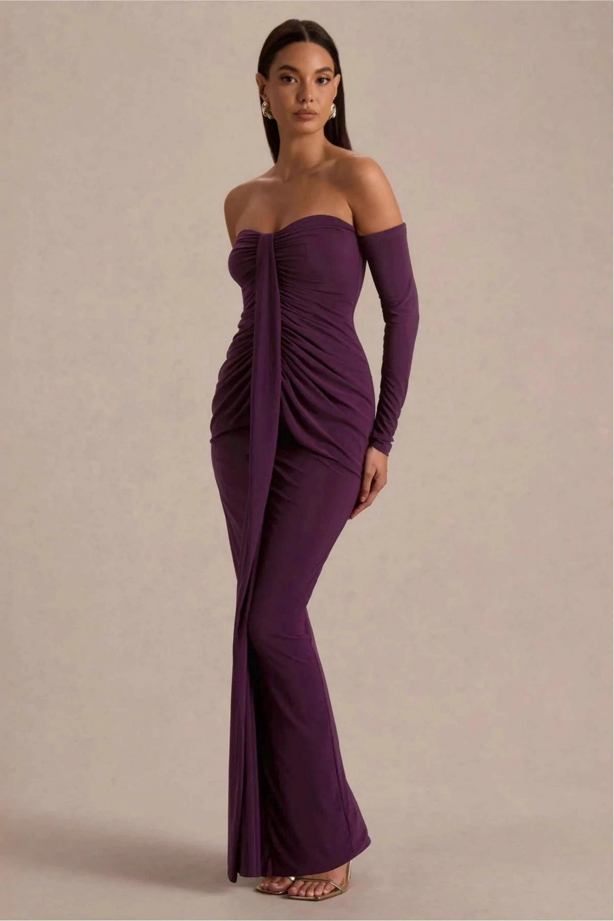 Off-Shoulder Gathering Solid Maxi Dress
