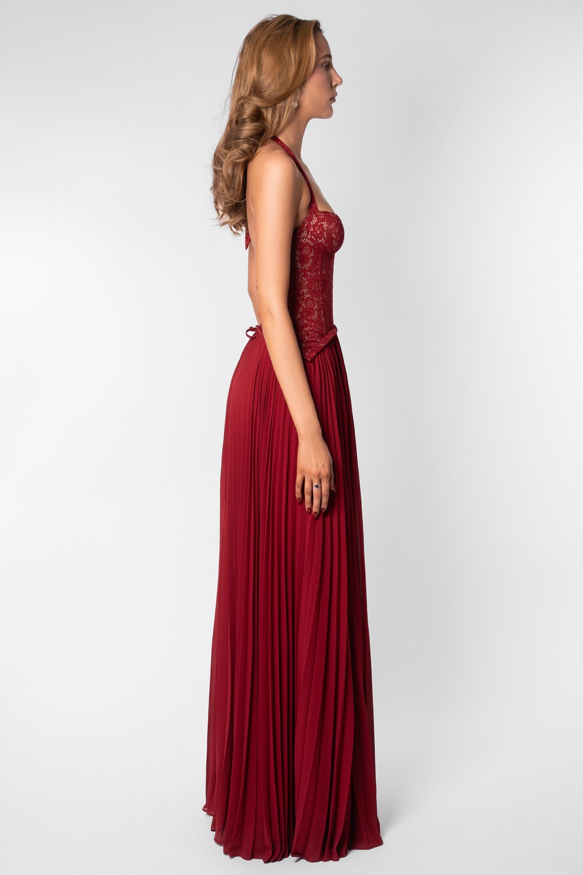 Sweetheart Neck Lace Splicing Chiffon Pleated Maxi Dress