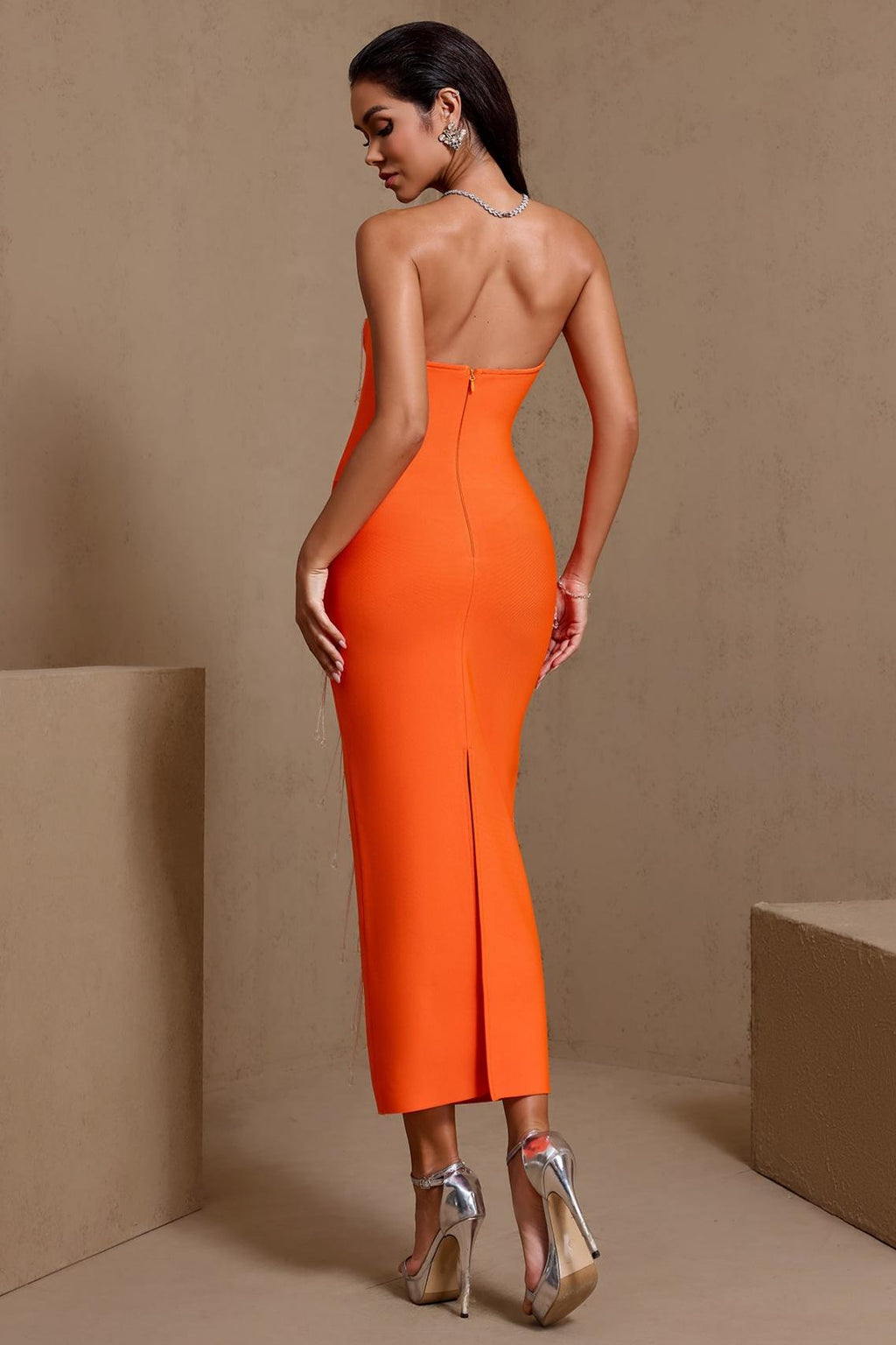 Bandage Off-Shoulder Beaded Tassel Midi Dress