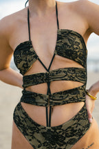 Solid Lace Cut-Out One Piece Swimsuit