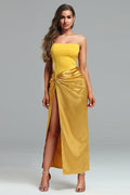 Jersey Splicing Satin Knotted Slit Midi Dress