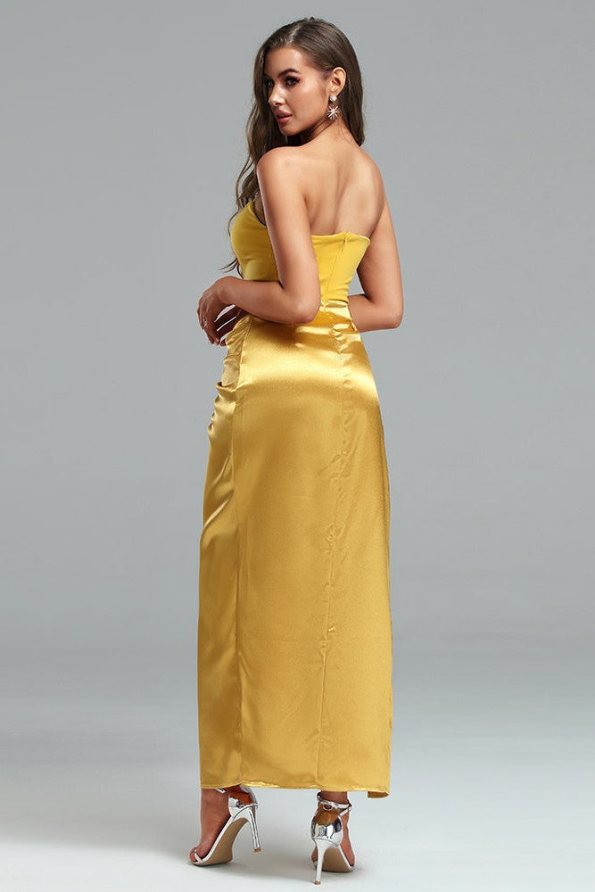Jersey Splicing Satin Knotted Slit Midi Dress