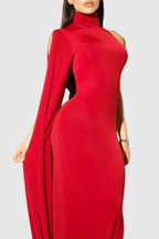Turtleneck Draped Sleeve Slit Midi Dress