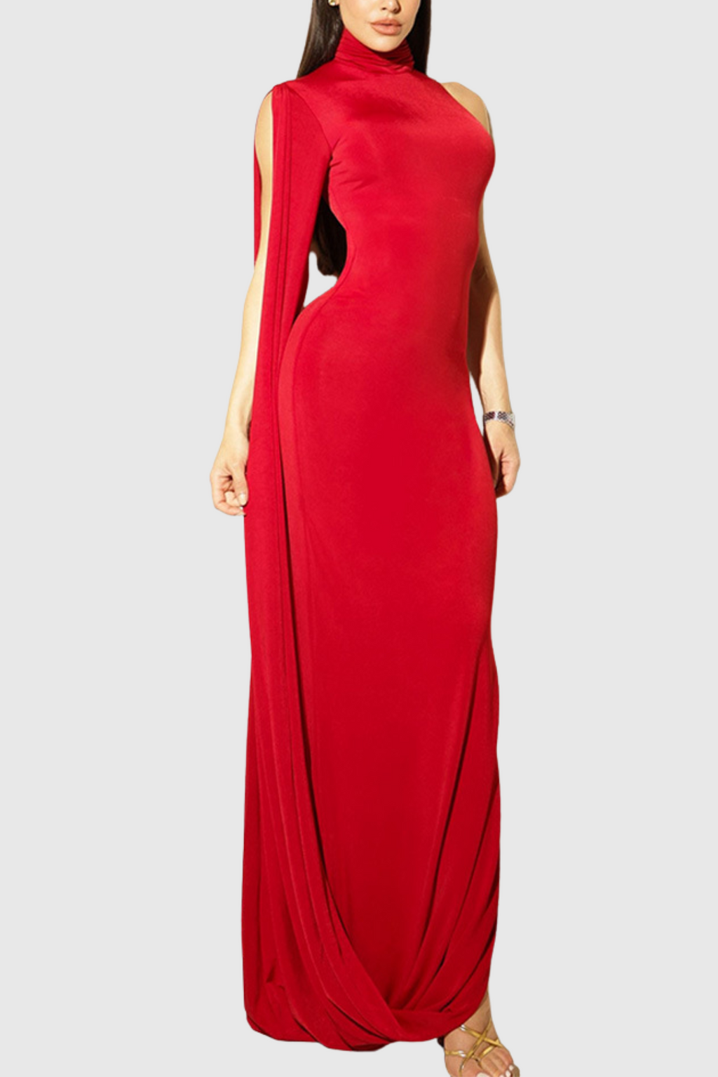 Turtleneck Draped Sleeve Slit Midi Dress