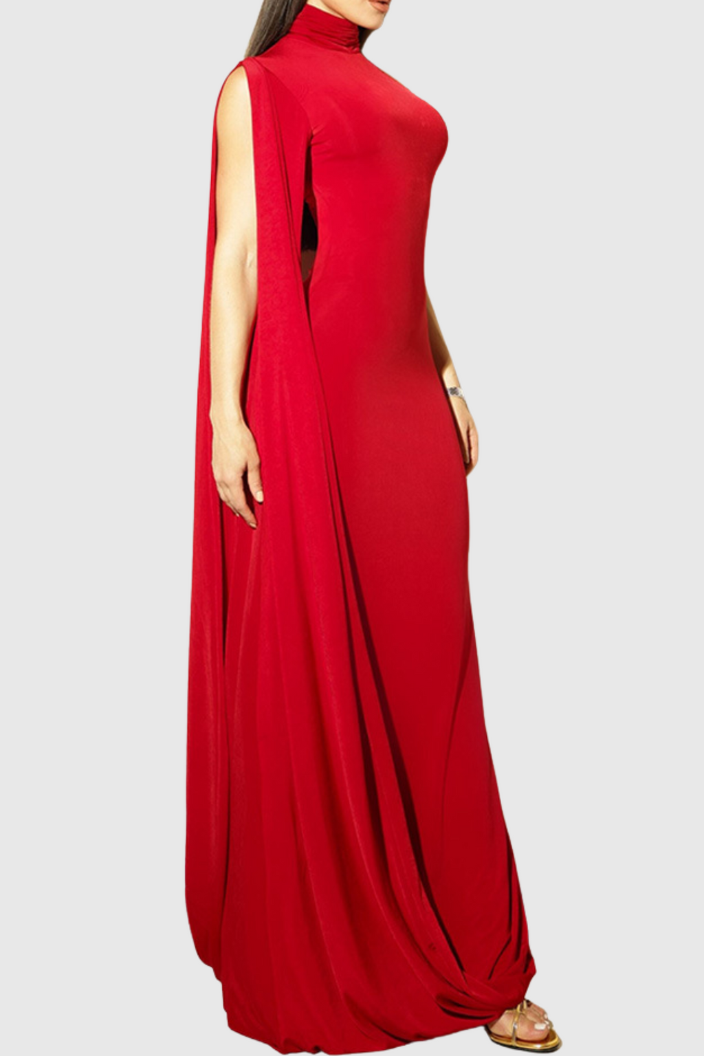 Turtleneck Draped Sleeve Slit Midi Dress