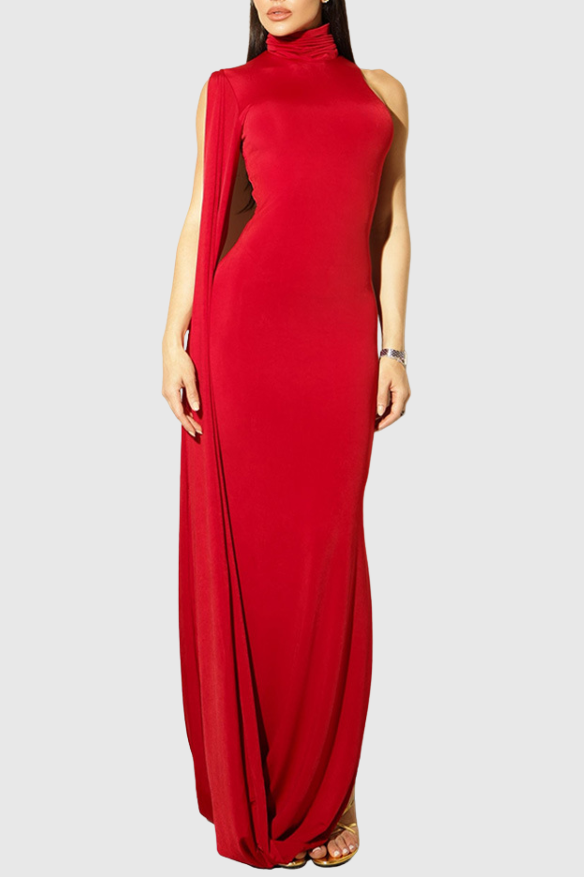 Turtleneck Draped Sleeve Slit Midi Dress