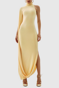 Turtleneck Draped Sleeve Slit Midi Dress
