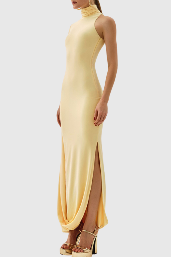 Turtleneck Draped Sleeve Slit Midi Dress