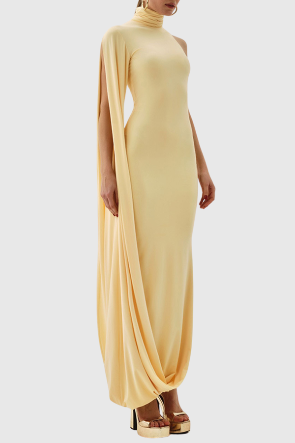 Turtleneck Draped Sleeve Slit Midi Dress