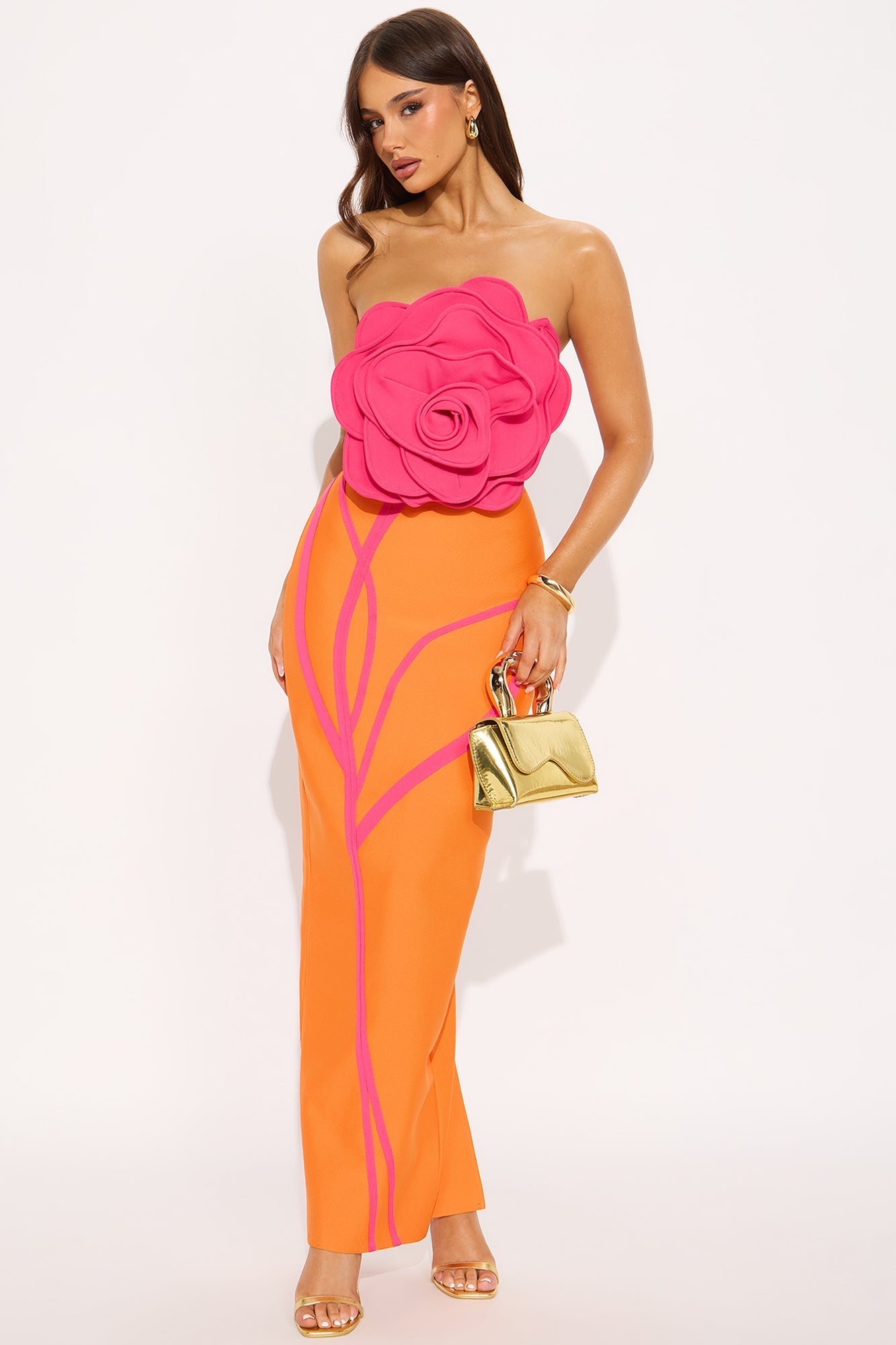Contrast Color 3D Flower Off Shoulder Midi Dress