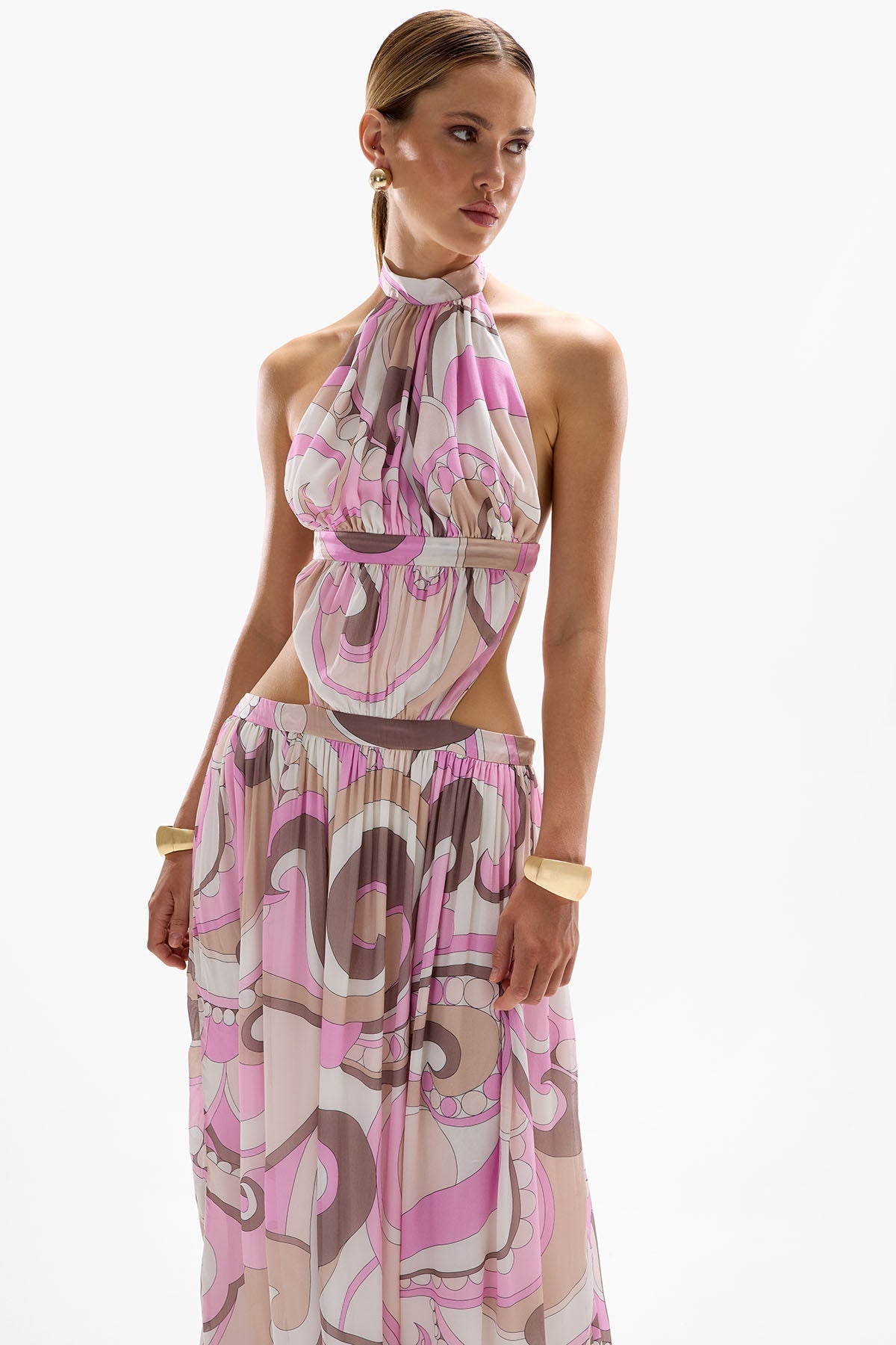 Abstract Print Backless Cut-Out Maxi Dress