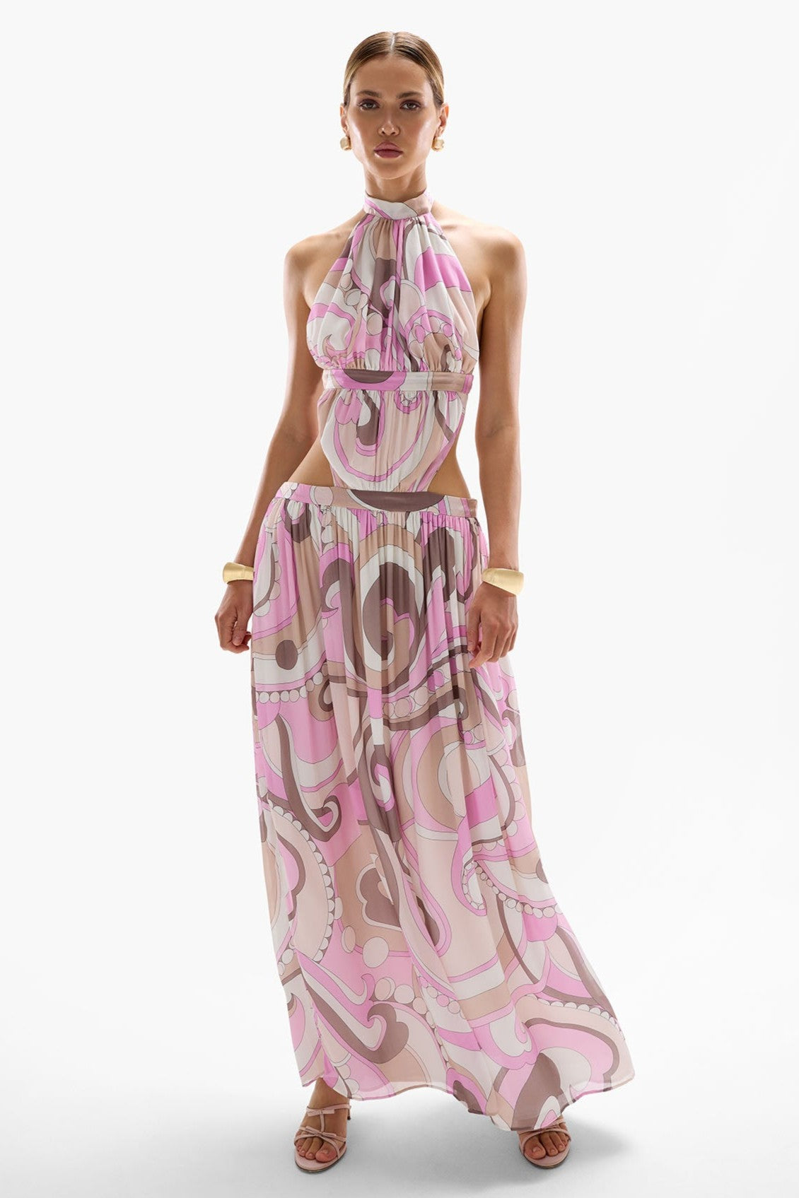 Abstract Print Backless Cut-Out Maxi Dress