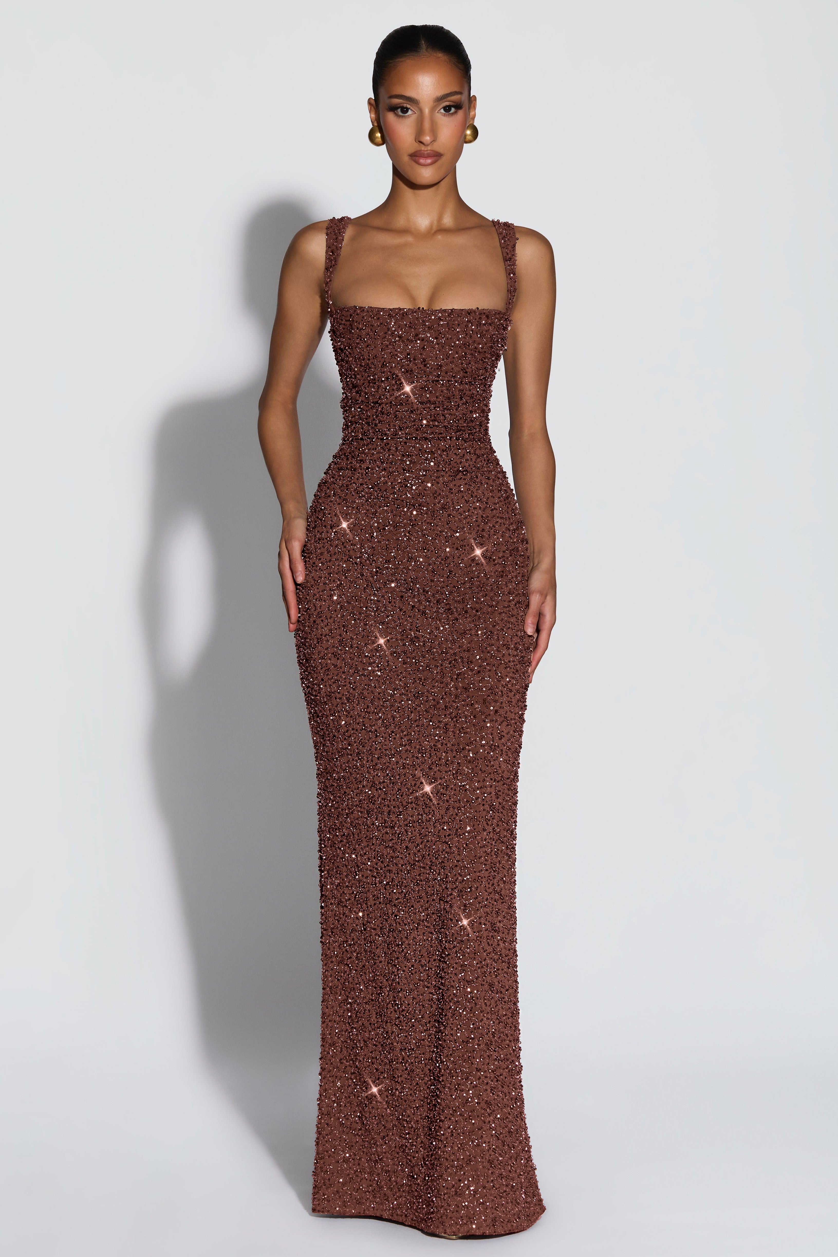 Sequin Tie-Up Square Collar Maxi Dress