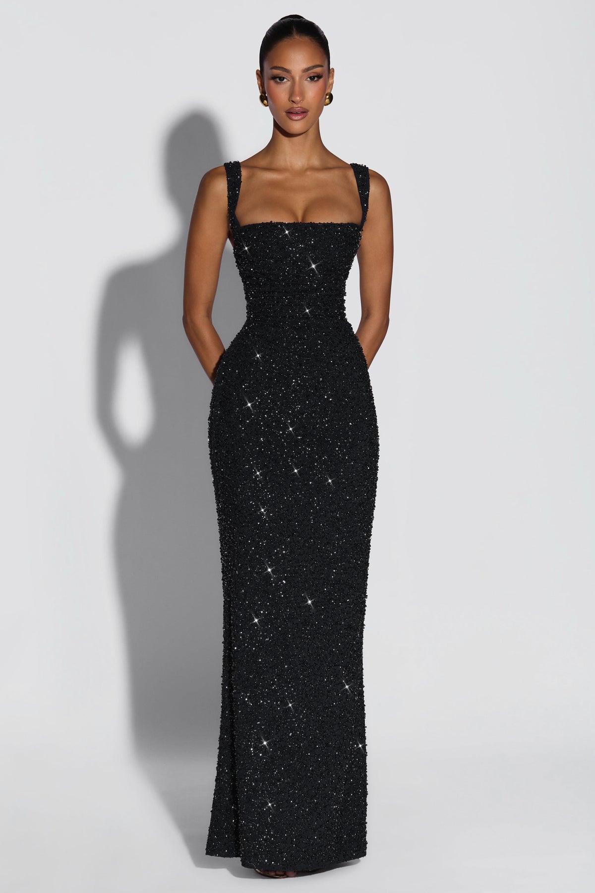 Sequin Tie-Up Square Collar Maxi Dress
