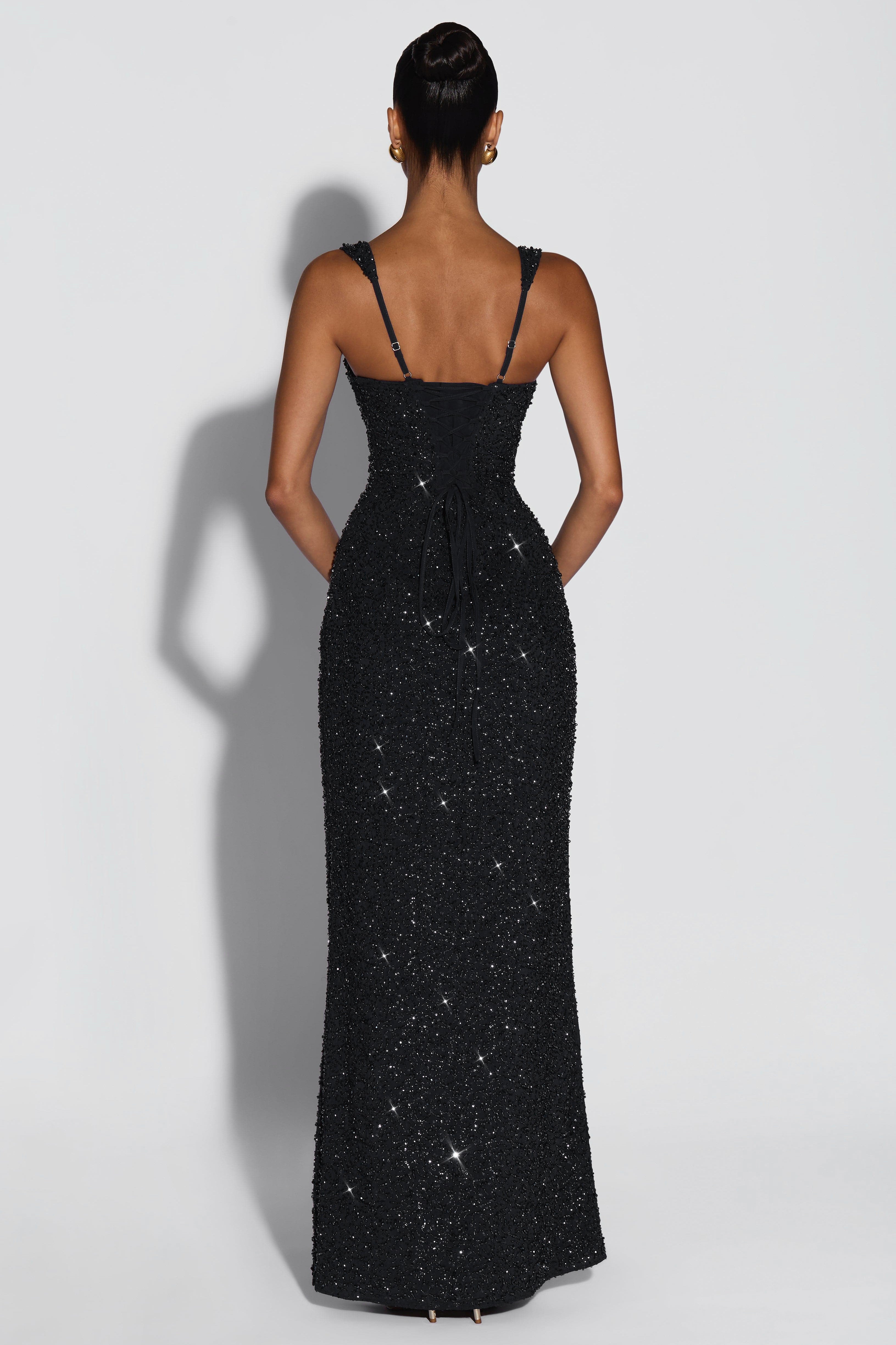 Sequin Tie-Up Square Collar Maxi Dress