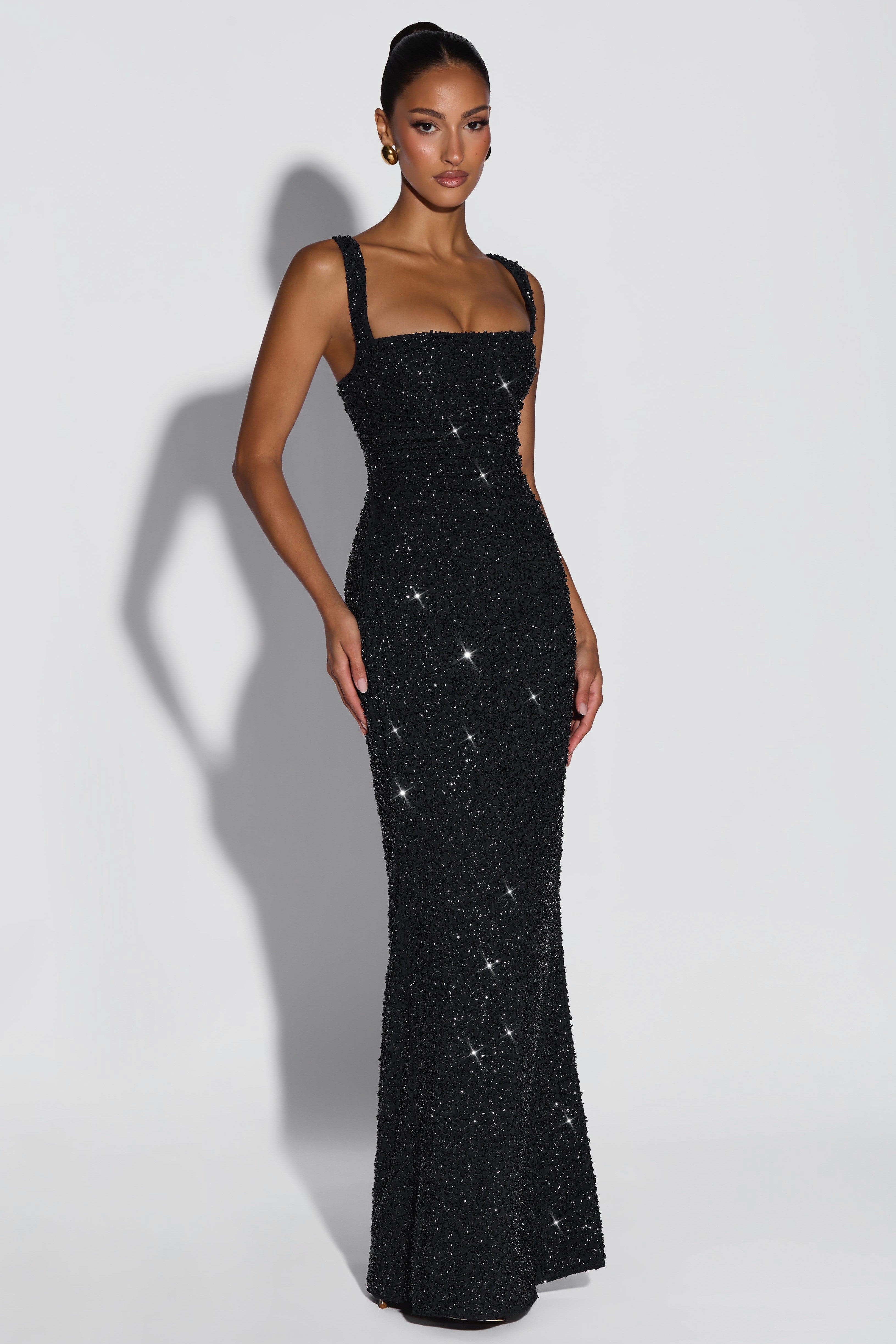 Sequin Tie-Up Square Collar Maxi Dress