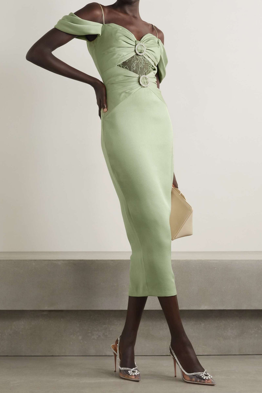 Satin Splicing Jersey Gathering Midi Dress
