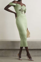 Satin Splicing Jersey Gathering Midi Dress