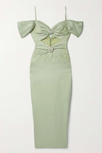 Satin Splicing Jersey Gathering Midi Dress
