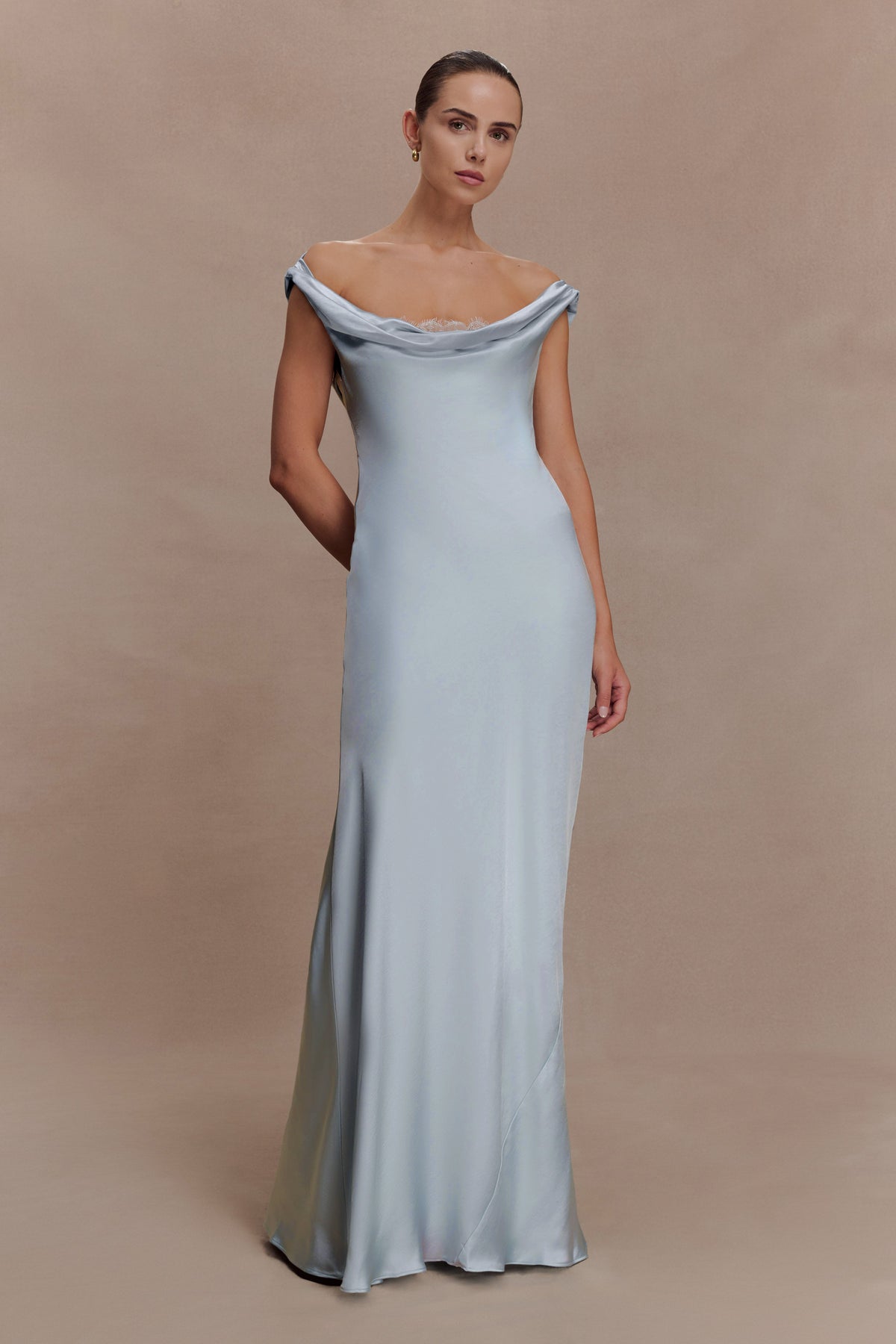 Satin Solid Off-Shoulder Maxi Dress